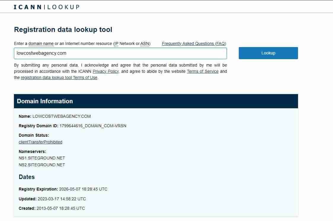 Date registration Lowcostwebagency.com
