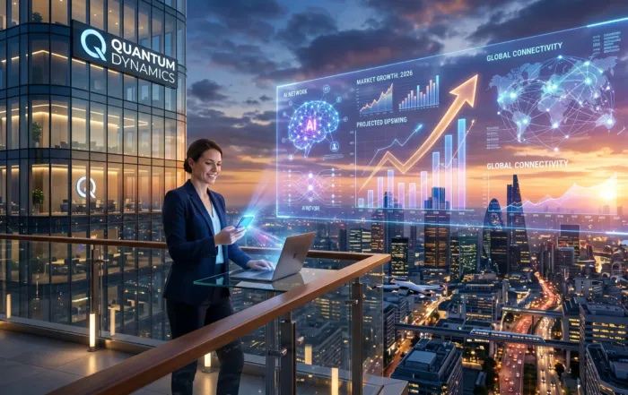 A futuristic holographic display showing AI and business growth, illustrating why your business needs a website in 2026.