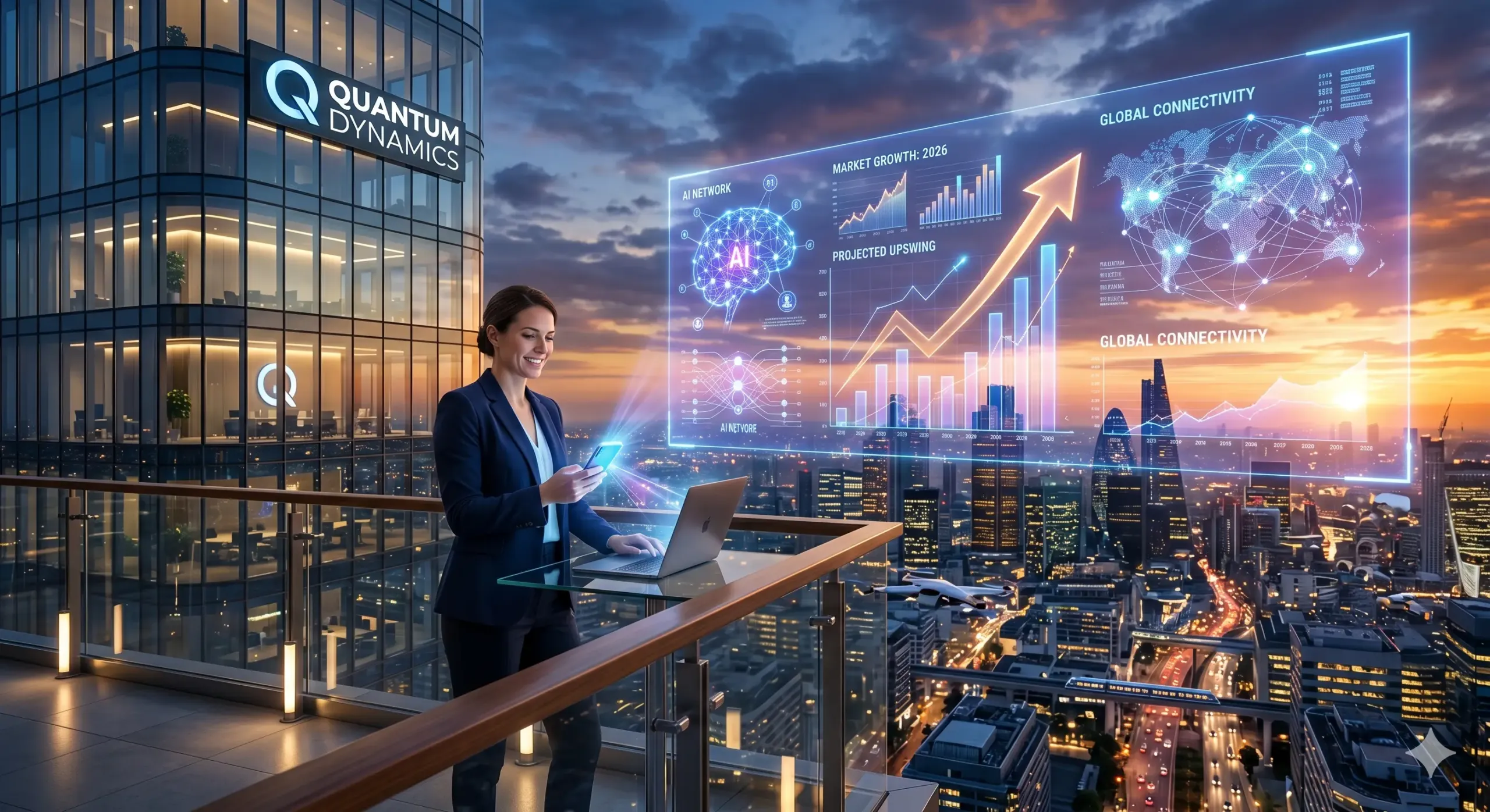 A futuristic holographic display showing AI and business growth, illustrating why your business needs a website in 2026.