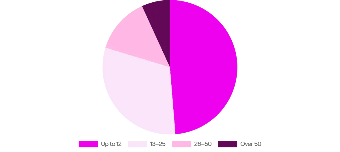 Pie chart showing new projects per year for agencies: 49% handle up to 12 projects, 31% handle 13-25, and only 7% manage over 50 projects.