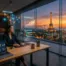 A cinematic wide-angle view of a futuristic digital agency office in Pondicherry at sunset, blending the Eiffel Tower and Matrimandir in a digital skyline. Holographic interfaces display AI growth data and code syntax. Strategic business authority vibe, 8k.