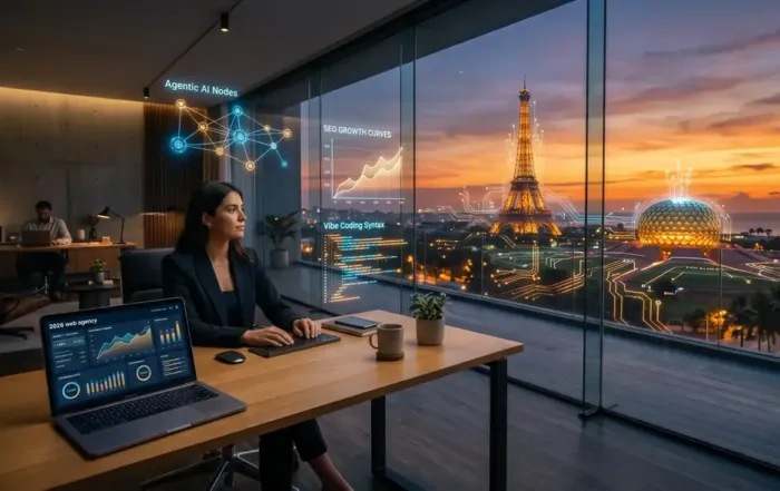 A cinematic wide-angle view of a futuristic digital agency office in Pondicherry at sunset, blending the Eiffel Tower and Matrimandir in a digital skyline. Holographic interfaces display AI growth data and code syntax. Strategic business authority vibe, 8k.