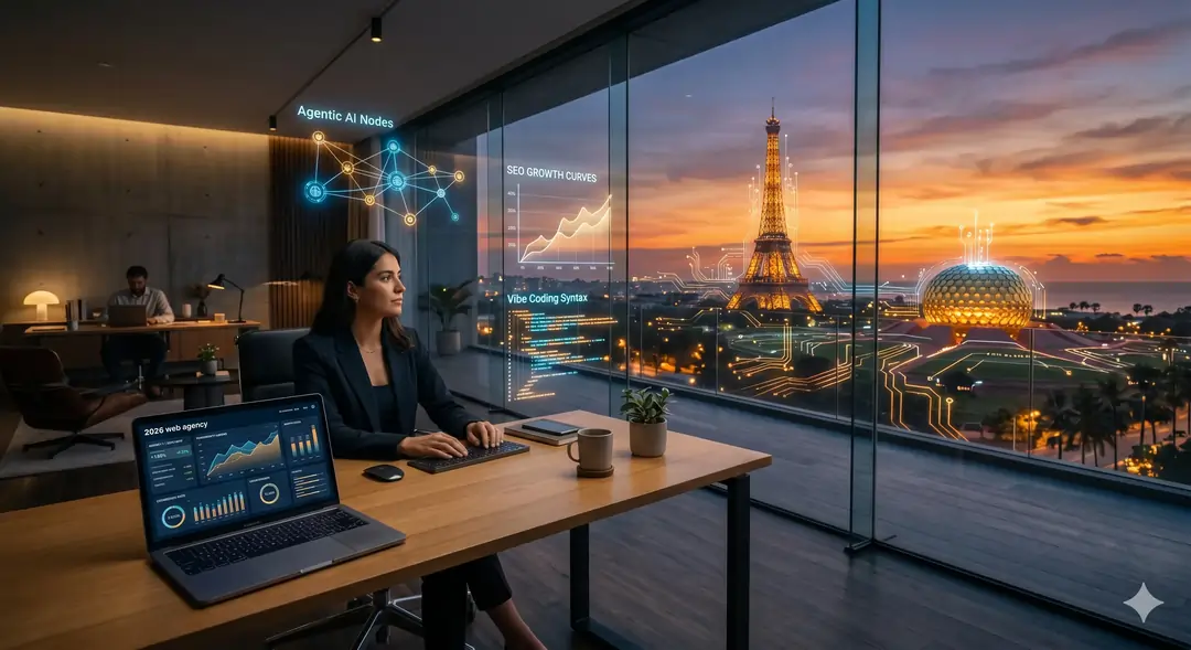 A cinematic wide-angle view of a futuristic digital agency office in Pondicherry at sunset, blending the Eiffel Tower and Matrimandir in a digital skyline. Holographic interfaces display AI growth data and code syntax. Strategic business authority vibe, 8k.