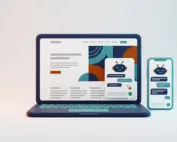 AI Chatbot for Your Website AI chatbot for websites: chat widget with robot assistant on laptop and phone