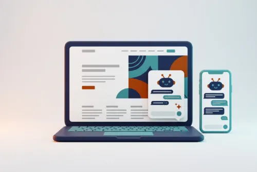 Chatbot IA pour site web : fenêtre de chat avec assistant sur ordinateur et mobile
