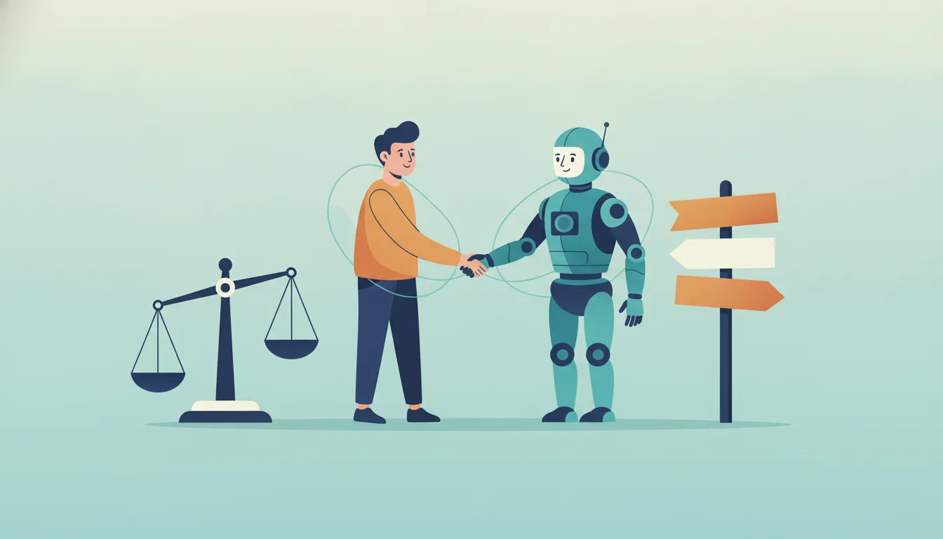 When My Article Generator Broke 91 Pages: The Story of a Repair A human and a robot shaking hands beside a balance scale and a signpost