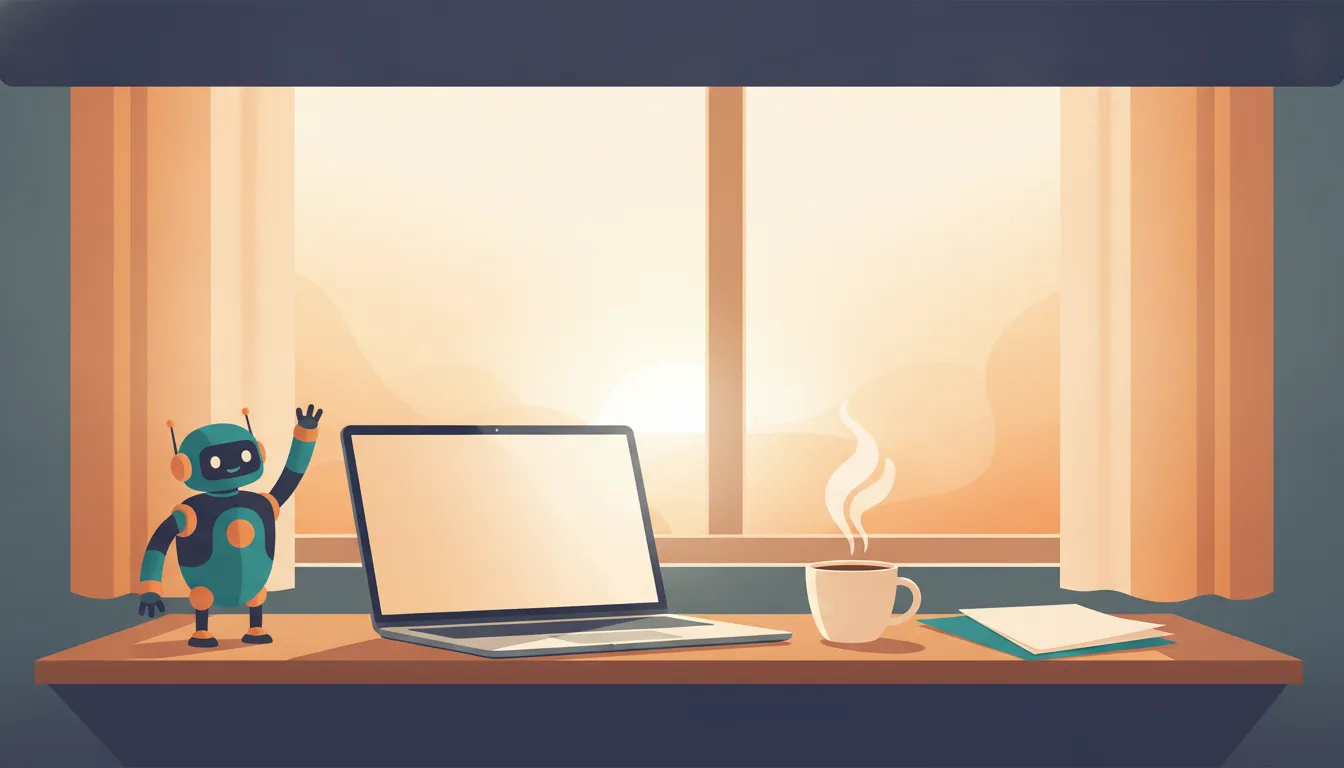 When My Article Generator Broke 91 Pages: The Story of a Repair A morning desk with a laptop, a coffee, a stack of drafts and a small waving robot