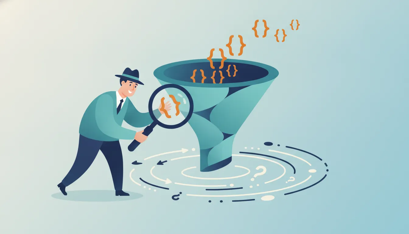 When My Article Generator Broke 91 Pages: The Story of a Repair A detective inspecting a funnel-shaped filter that swallows curly-brace symbols