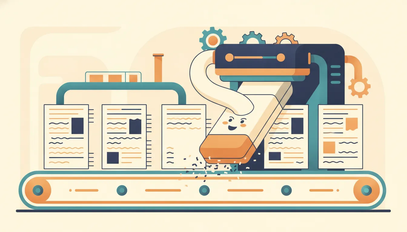 When My Article Generator Broke 91 Pages: The Story of a Repair A conveyor belt carrying text pages through an over-zealous eraser machine