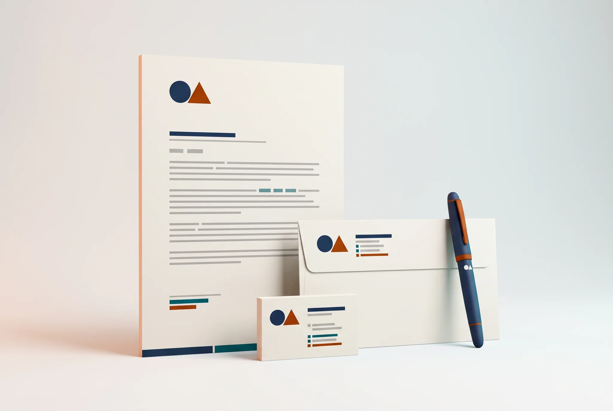 Full brand kit Cancelleria aziendale: carta intestata, busta e biglietto coordinati