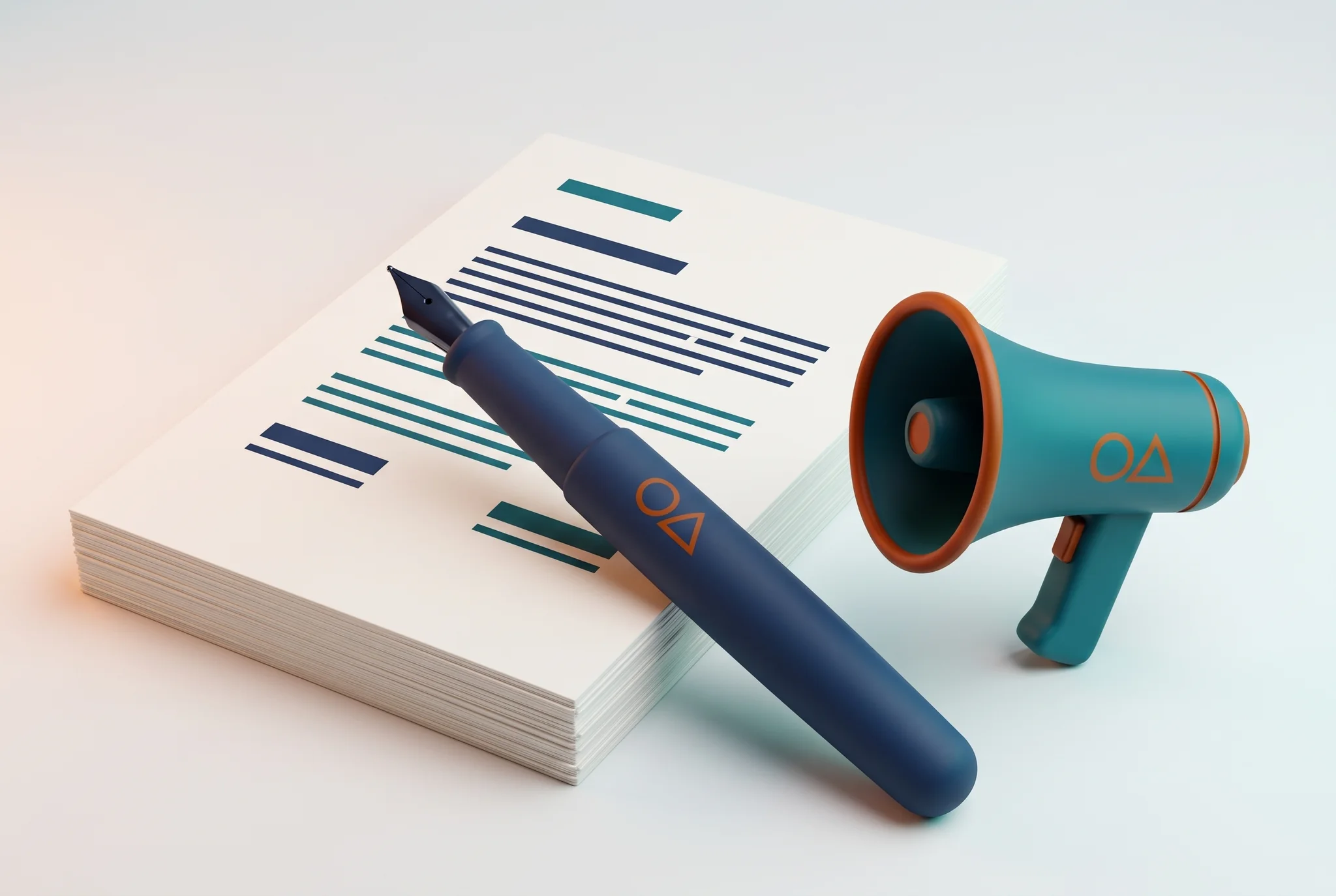 Social media calendar (1 month) Content marketing: penna, fogli di testo e megafono