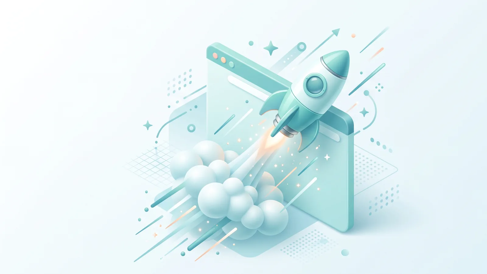 Isometric illustration of a rocket launching from a browser window to represent a faster website