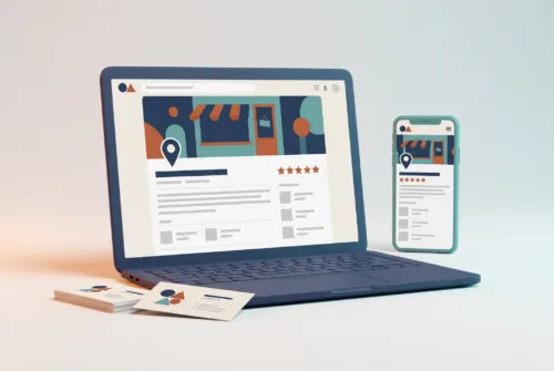 Google Business Profile cover and visuals: branded listing shown on laptop and phone
