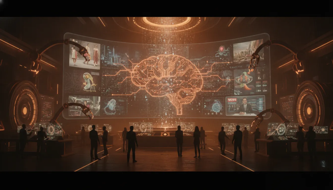 Come l'intelligenza artificiale sta trasformando la creazione di contenuti in varie industrie AI-driven content creation across industries illustrated