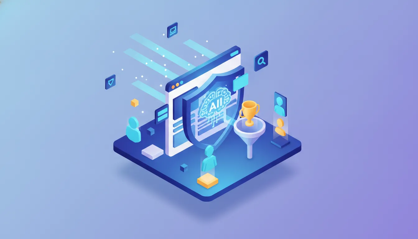 How to Optimize Your Website for AI Search Engines and Win High-Value Customers Isometric illustration of a web page protected by a shield marked AI, with a funnel and a trophy symbolizing AI search visibility and client acquisition