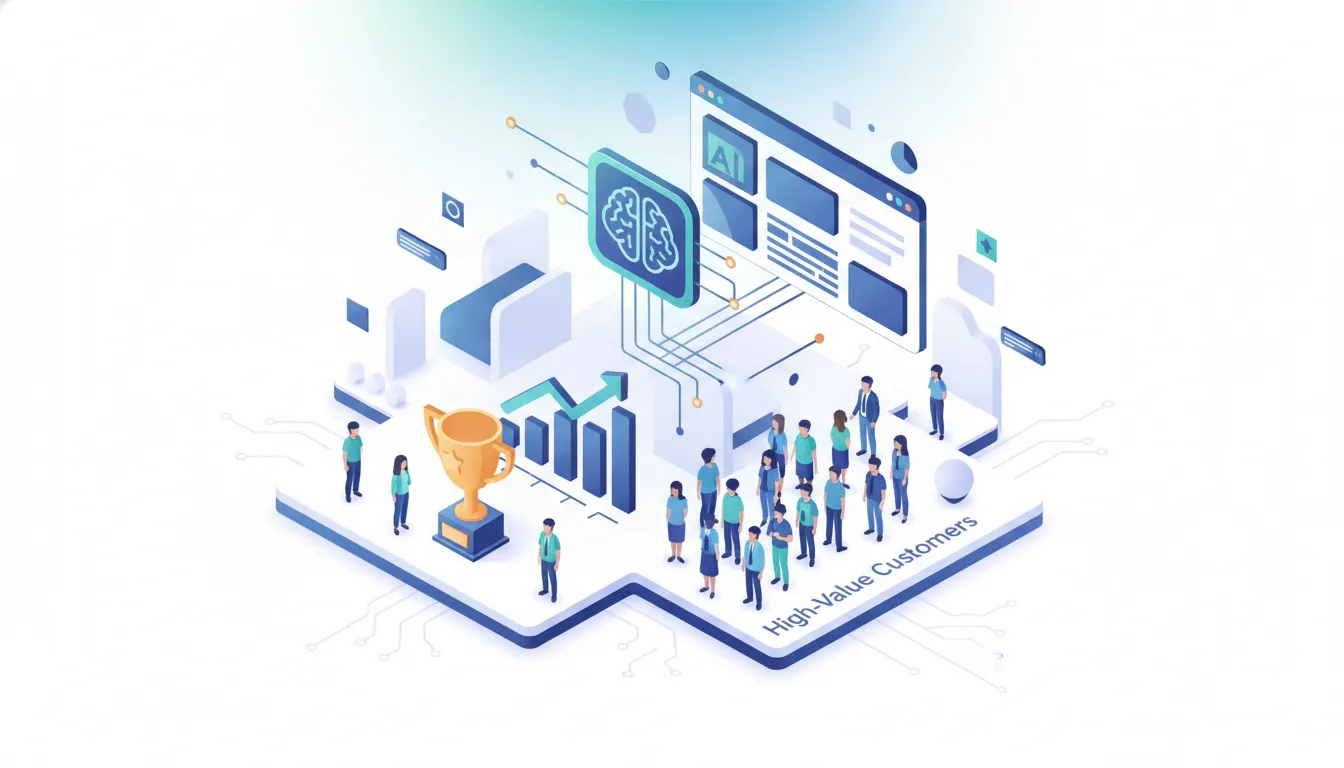How to Optimize Your Website for AI Search Engines and Win High-Value Customers Isometric illustration of an AI brain feeding a web page, with a growth chart, a trophy and a crowd of people labeled High-Value Customers