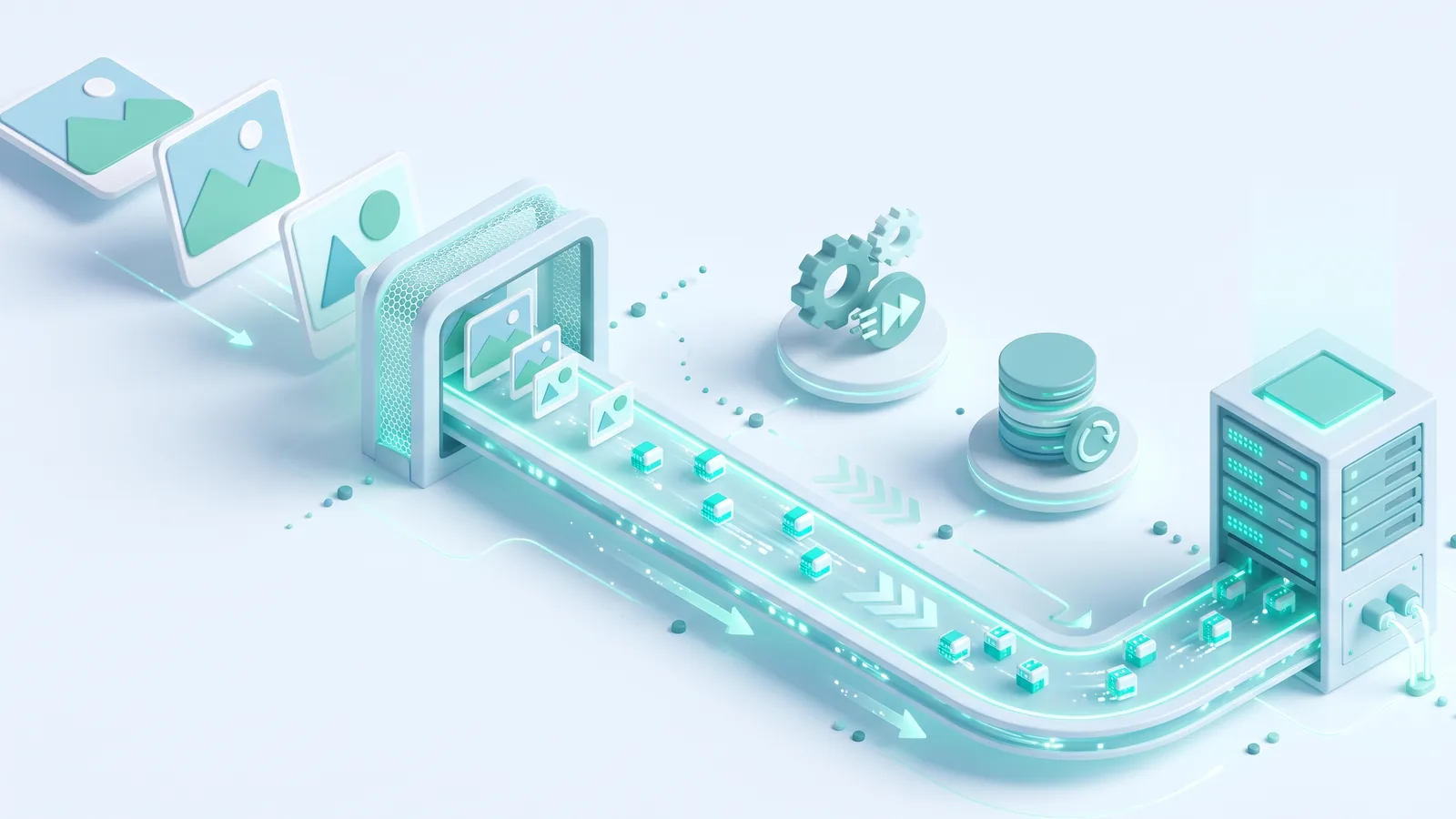 Isometric illustration of images being compressed and sent through a fast lane to a server, representing caching and optimization