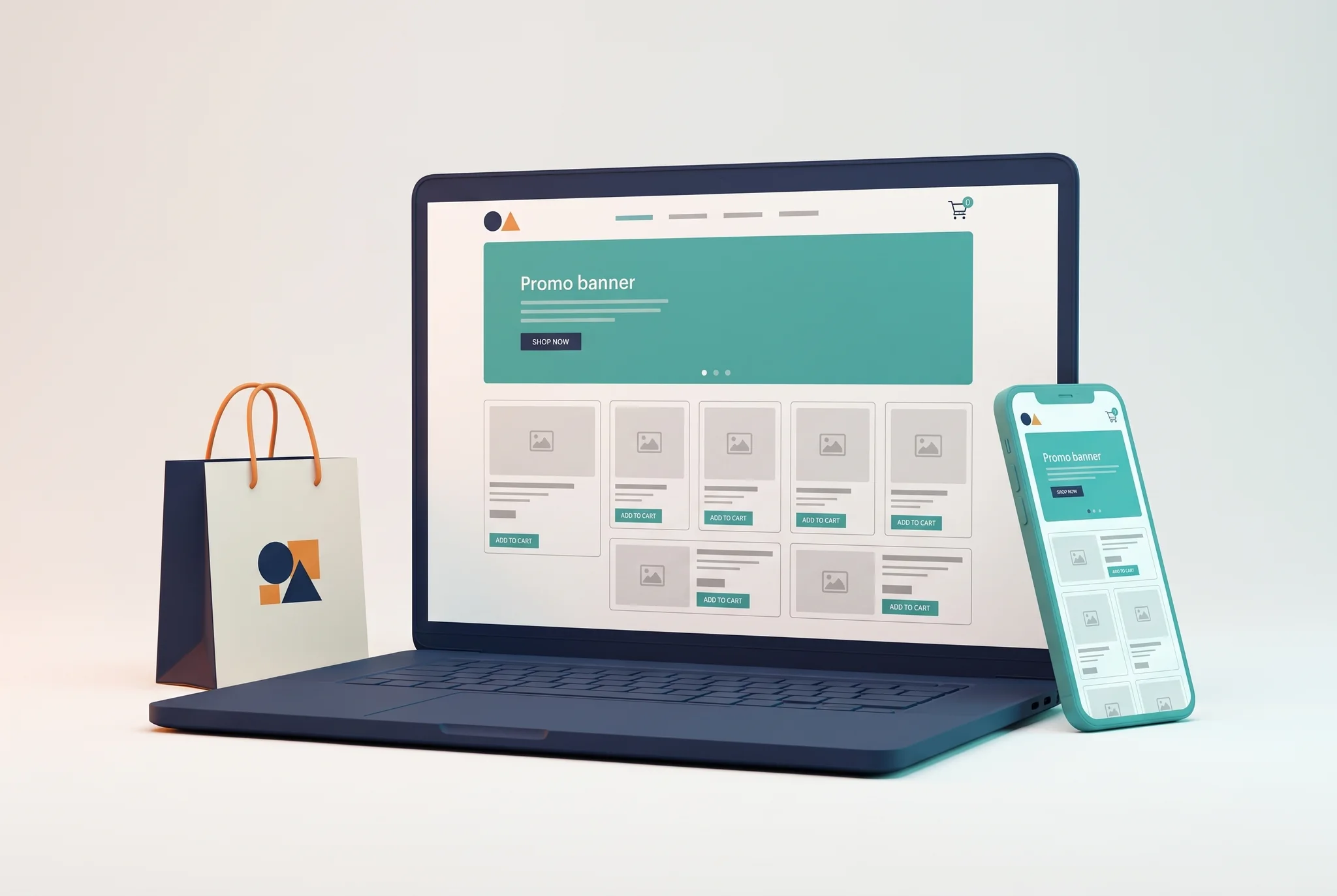 Negozio Online Negozio online: griglia prodotti su laptop e smartphone