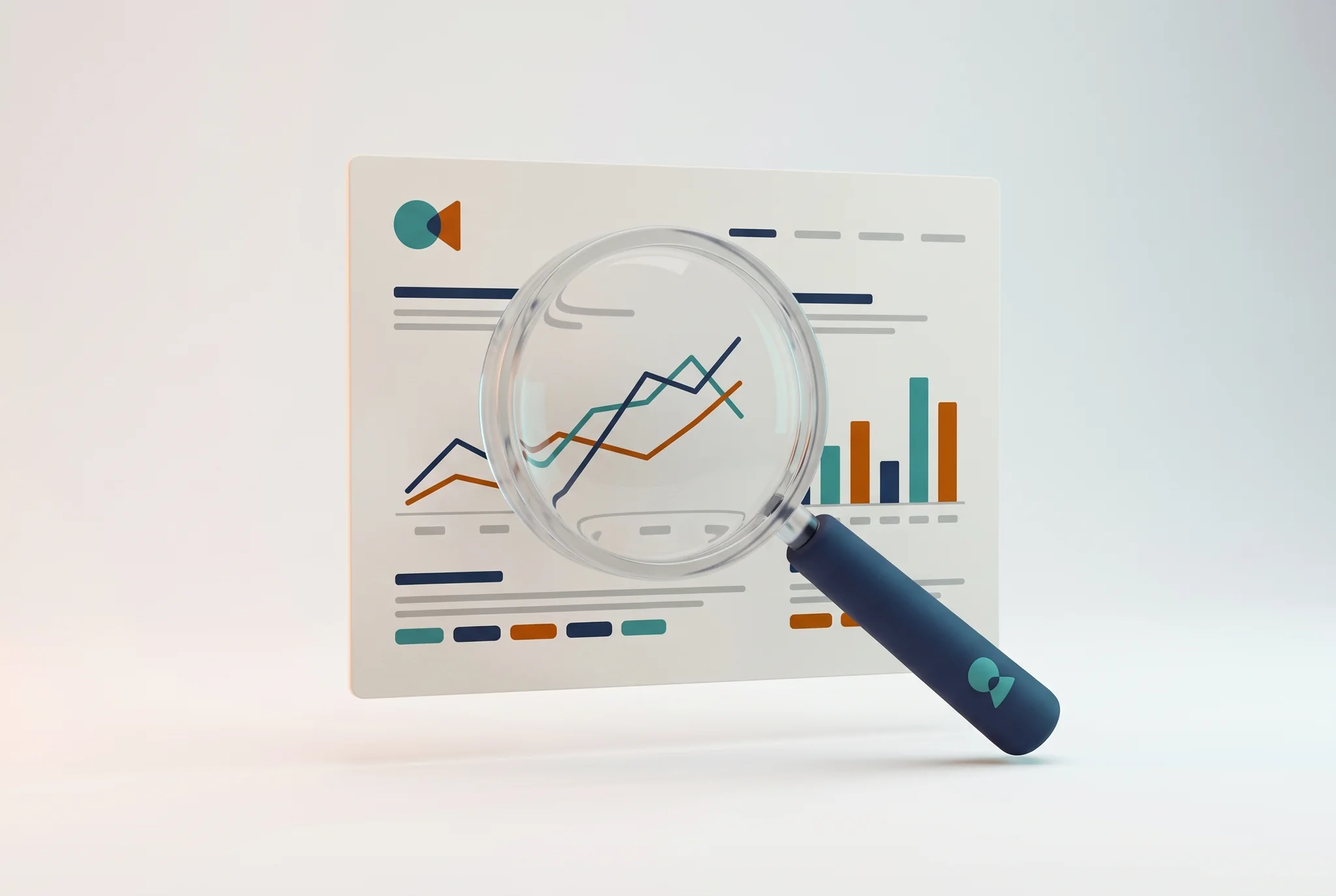 Monthly SEO Report + Actions โ Standard Audit e analytics: dashboard con lente d'ingrandimento