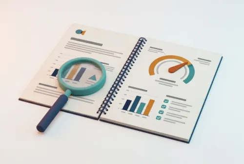 Auditoría SEO: informe con indicador de puntuación, gráficos y lista de control