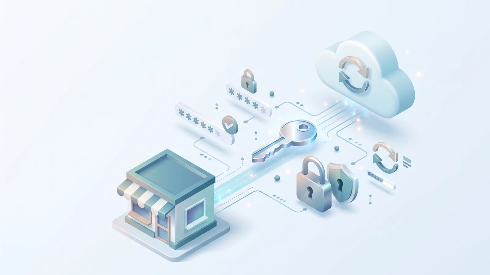 Website Security Basics for Small Businesses: 10 Simple Steps Isometric illustration of a small shop linked to a cloud backup, a key, strong passwords and software updates