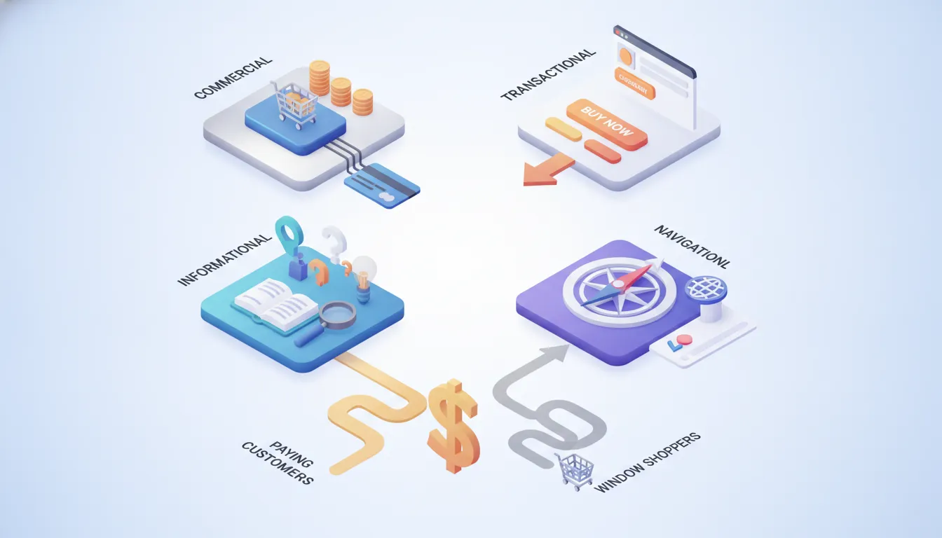 The 4 Types of SEO Keywords: How to Attract Paying Customers Instead of Window Shoppers Isometric illustration of the four types of SEO keywords (informational, commercial, transactional and navigational) guiding window shoppers toward paying customers