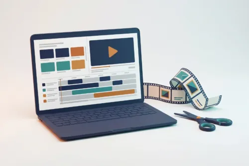 Montaggio video: timeline di montaggio e anteprima su laptop