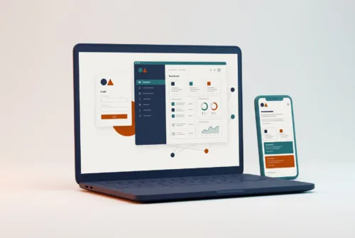 Diseño de portal web con panel y acceso en portátil y móvil