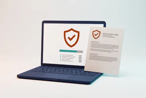 Seguridad web Business: panel con escudo e informe de análisis de malware