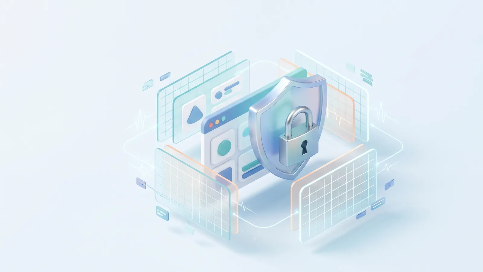 Website Security Basics for Small Businesses: 10 Simple Steps Isometric illustration of a website protected by a shield and padlock surrounded by firewall layers