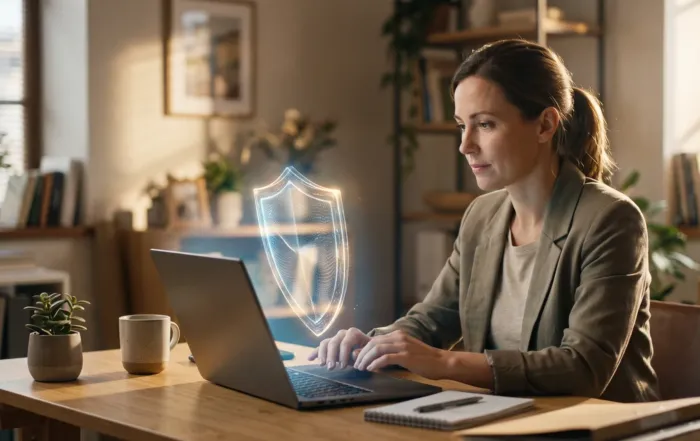 Home Small business owner working on a laptop with a glowing digital shield symbolizing website security