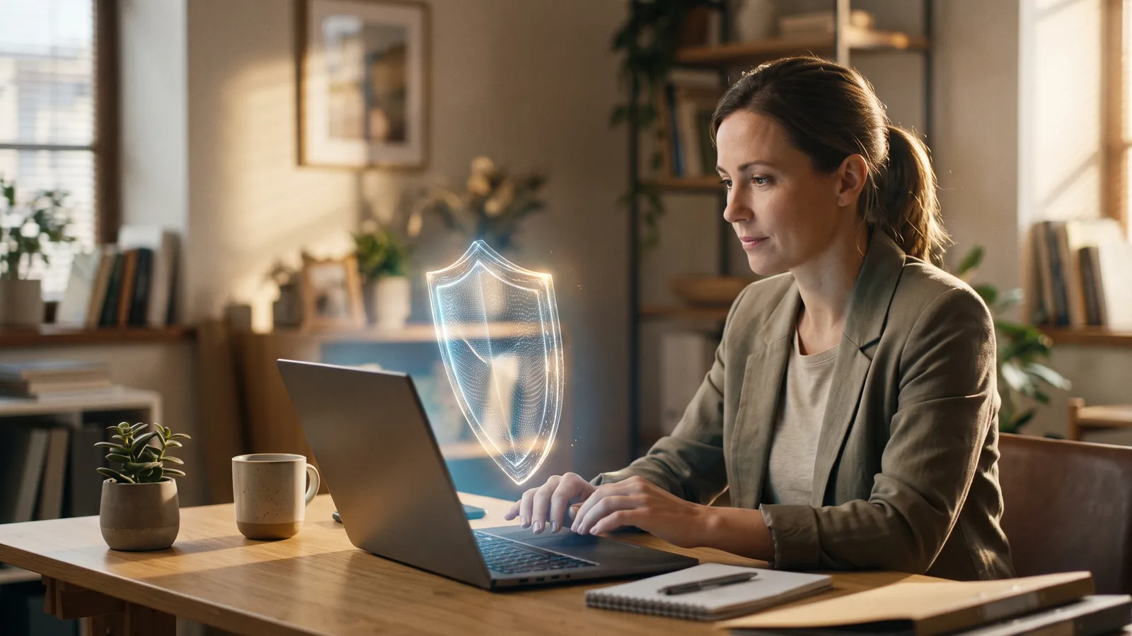 Small business owner working on a laptop with a glowing digital shield symbolizing website security