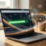 Laptop on a desk showing a fast-loading web page with light trails suggesting speed