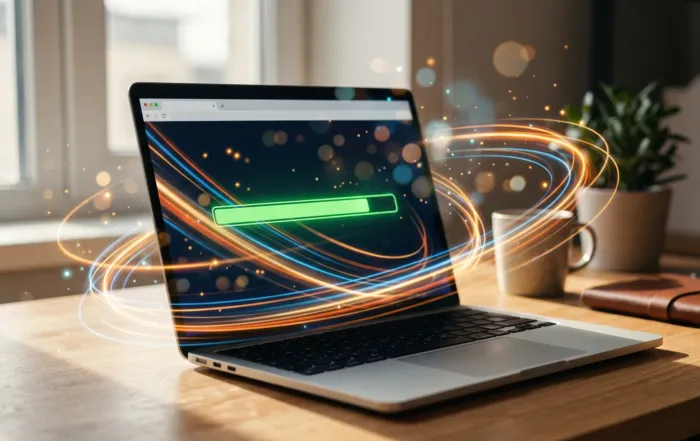 Home Laptop on a desk showing a fast-loading web page with light trails suggesting speed